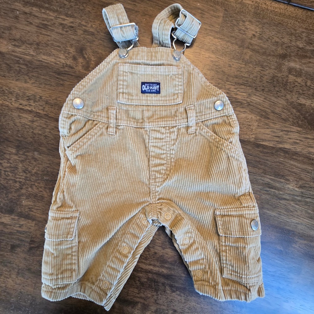 Old Navy Baby Tan Corduroy Cargo Overalls 0-3 Months Khaki‎ Bibs Snap Vintage